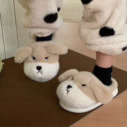 Cute khaki dog plush slippers with floppy ears and winking face, fuzzy indoor shoes with EVA sole