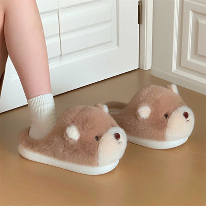 Cute light brown bear design plush slippers with white muzzle and white inner ears, indoor shoes with EVA sole