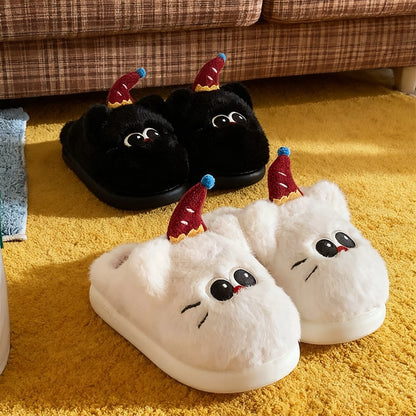 Cute black clown cat plush slippers with red hat, blue pom-pom, and red nose, fuzzy indoor shoes