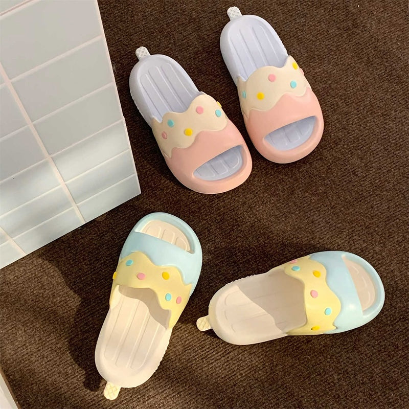 Cute light blue ice cream EVA slide sandals with colorful sprinkles and melted design, lightweight indoor slip-on shoes