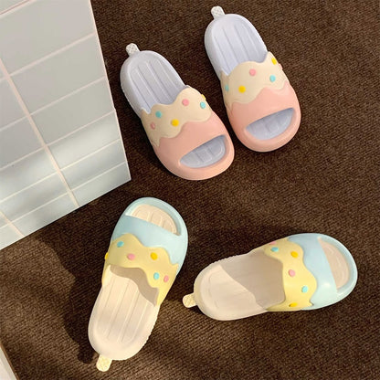Cute light blue ice cream EVA slide sandals with colorful sprinkles and melted design, lightweight indoor slip-on shoes