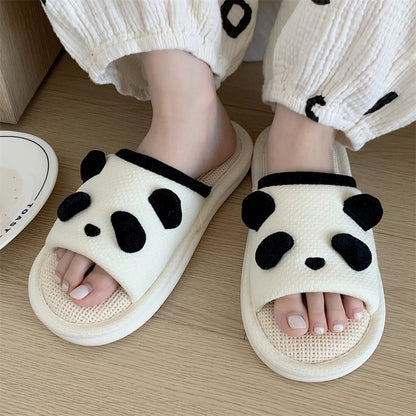 Cute white panda face linen slippers with black ears and eyes, breathable fabric indoor shoes with PVC sole