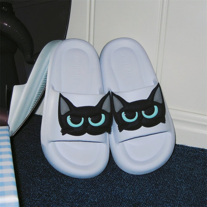 Cute sky blue EVA cat face slide sandals with 3D blue eyes, summer slippers for indoor and outdoor