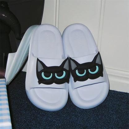 Cute sky blue EVA cat face slide sandals with 3D blue eyes, summer slippers for indoor and outdoor