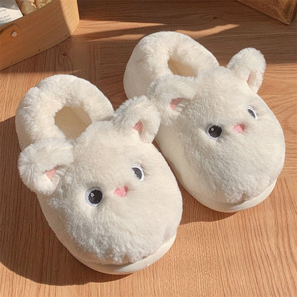 Cute milky white animal plush slippers with big round eyes and pink nose, fluffy faux fur indoor shoes with EVA sole