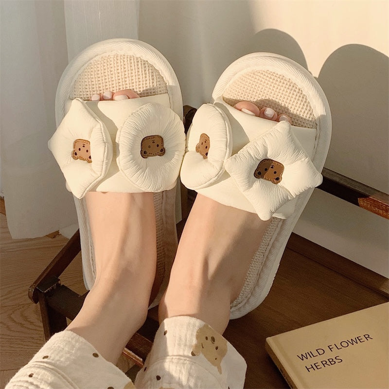Cute white bear puff slippers with bow design and brown bear face, PU and fabric indoor shoes with PVC sole