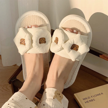 Cute white bear puff slippers with bow design and brown bear face, PU and fabric indoor shoes with PVC sole
