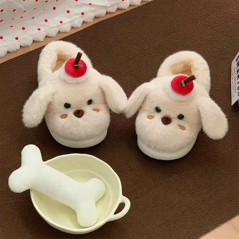 Cute white dog plush slippers with floppy ears and apple topper, fuzzy indoor shoes with EVA sole