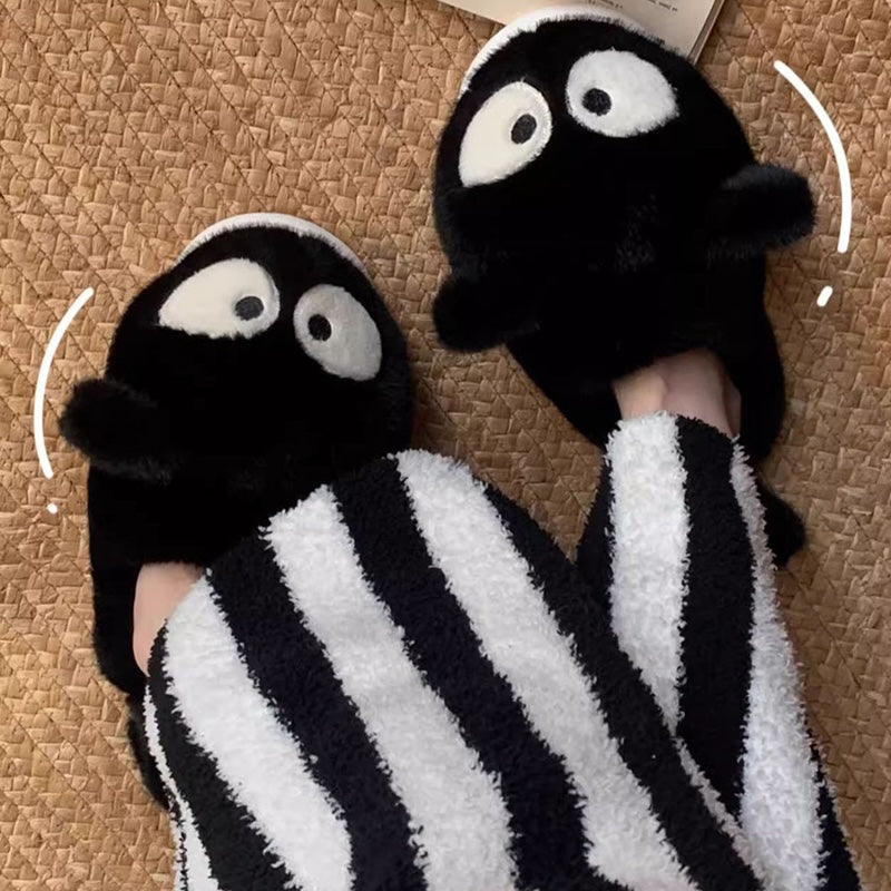Cute black cat plush slippers with big googly eyes and tail, closed-back fuzzy indoor shoes with EVA sole
