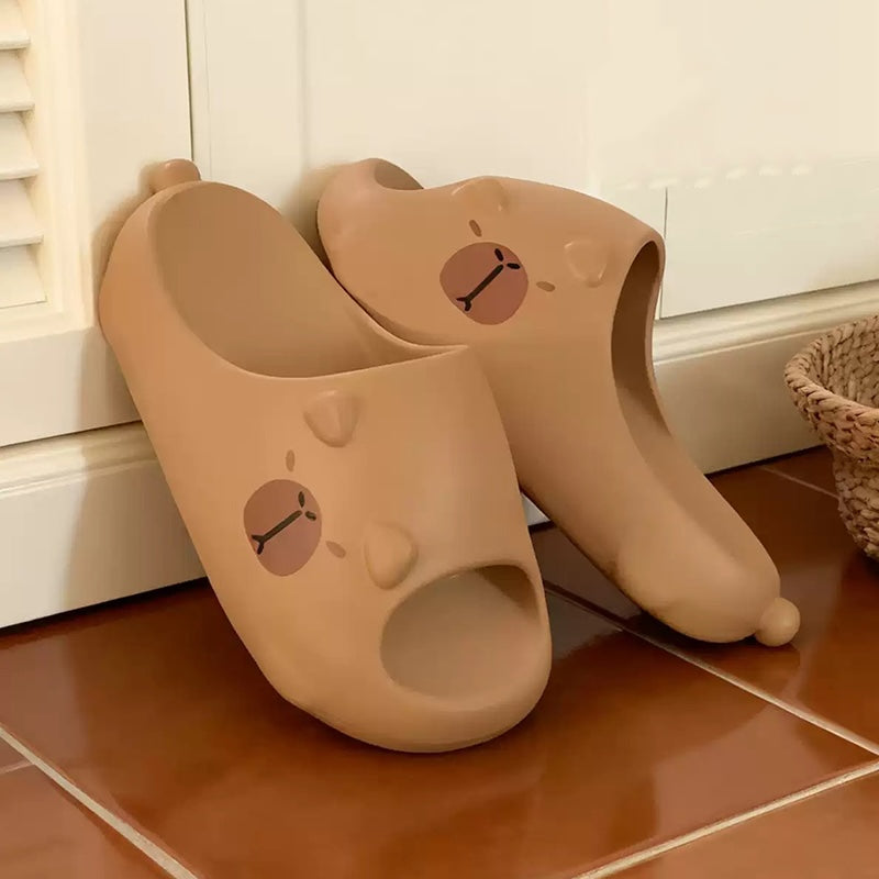 Cute brown capybara EVA slide sandals with 3D ears and printed face, lightweight indoor slip-on shoes