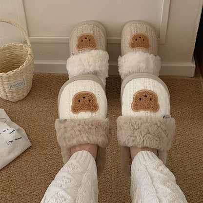 Cute beige knit bear slippers with fuzzy trim and brown bear patch, warm knit fabric indoor shoes with EVA sole