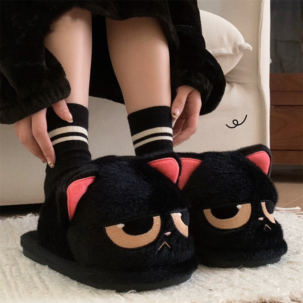 Autumn/Winter Cute Cartoon Closed-back Black Cat Slippers