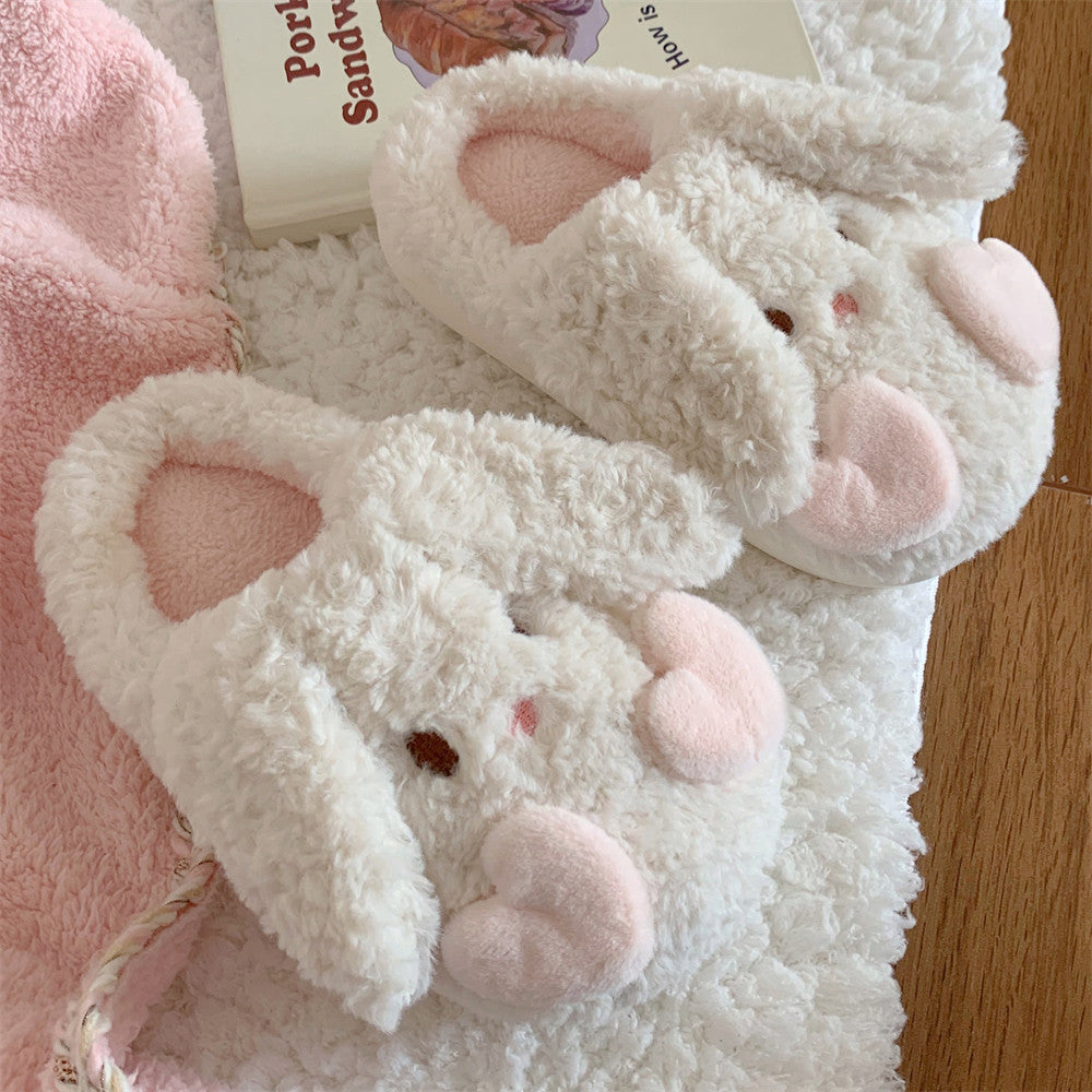 Cute white curly bunny plush slippers with long floppy ears and pink heart cheeks, indoor shoes with EVA sole