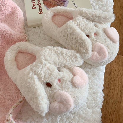 Cute white curly bunny plush slippers with long floppy ears and pink heart cheeks, indoor shoes with EVA sole