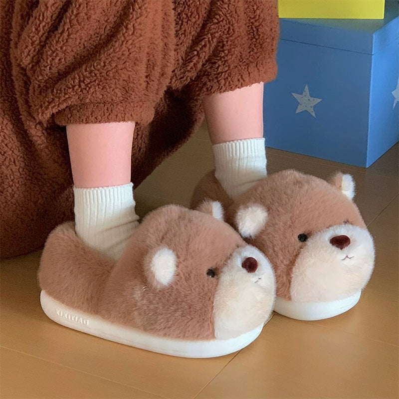Cute light brown bear design closed-back plush slippers with white muzzle and white inner ears, indoor shoes with EVA sole