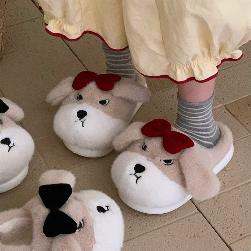 Cute khaki dog plush slippers with floppy ears, closed eyes, and removable red bow, fuzzy indoor shoes with EVA sole