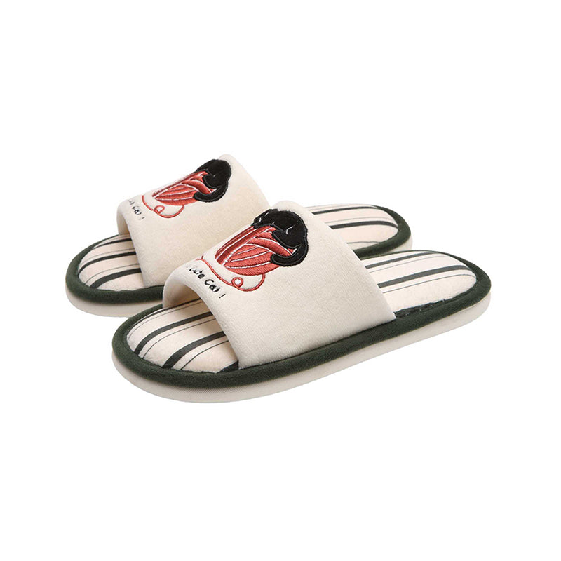 Cute white cat and yarn embroidery slippers with red yarn and striped footbed, flat indoor shoes with PVC sole