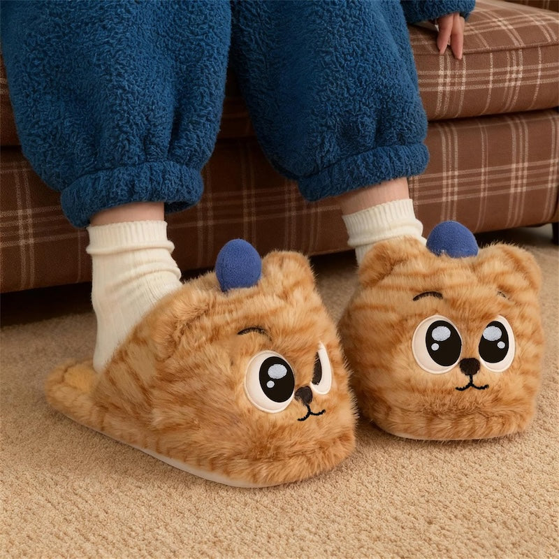 Cute orange striped tiger plush slippers with blue ears and big eyes, closed-back fuzzy indoor shoes with PVC sole