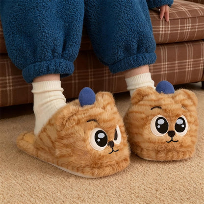 Cute orange striped tiger plush slippers with blue ears and big eyes, closed-back fuzzy indoor shoes with PVC sole