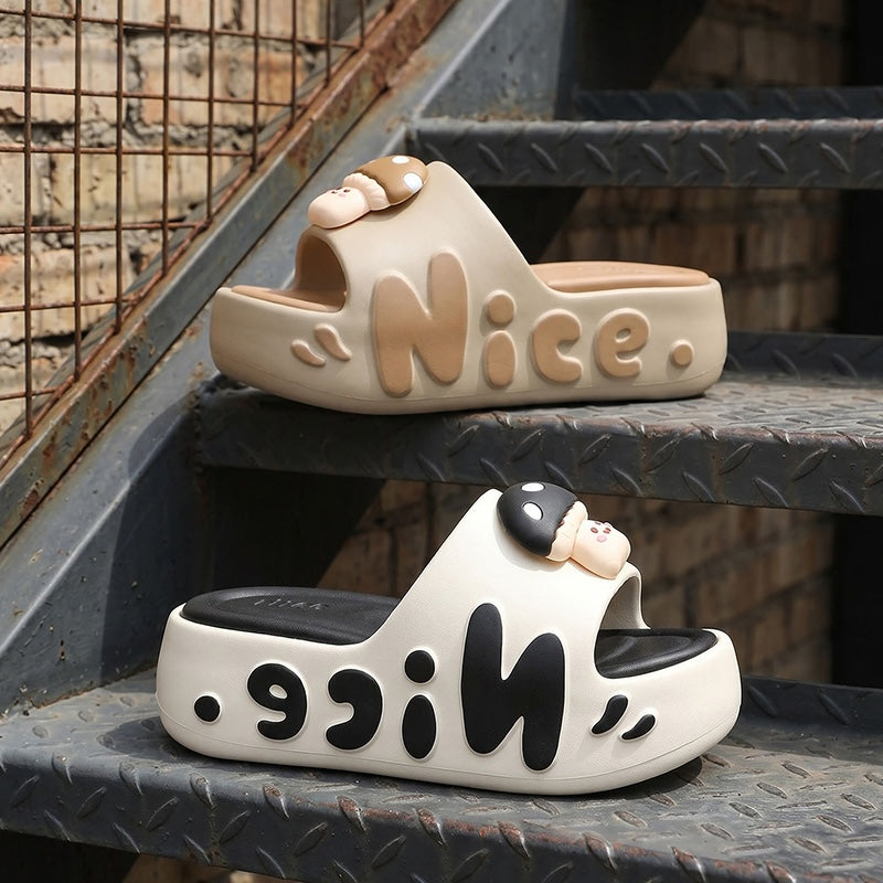 Cute beige mushroom character EVA slide sandals with black dot cap and "Nice" print, chunky indoor shoes