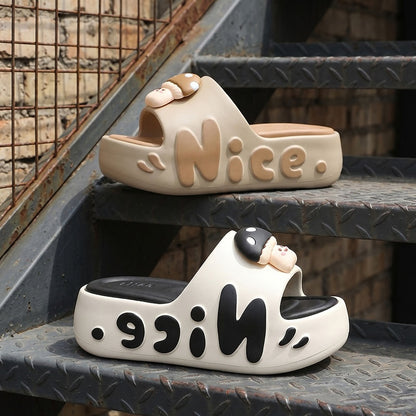 Cute beige mushroom character EVA slide sandals with black dot cap and "Nice" print, chunky indoor shoes