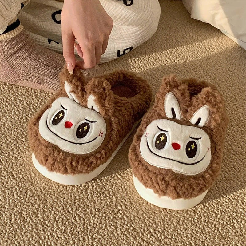 Cute brown fuzzy bunny slippers with white face patch and short ears, indoor shoes with EVA sole