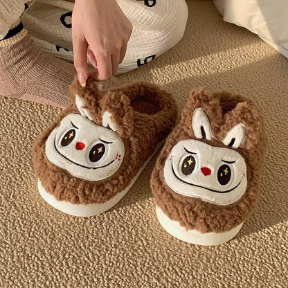 Cute brown fuzzy bunny slippers with white face patch and short ears, indoor shoes with EVA sole