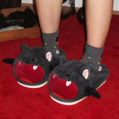 Cute gray Halloween bat plush slippers with red open mouth, white fangs, and bat wings, fuzzy indoor shoes with PVC sole