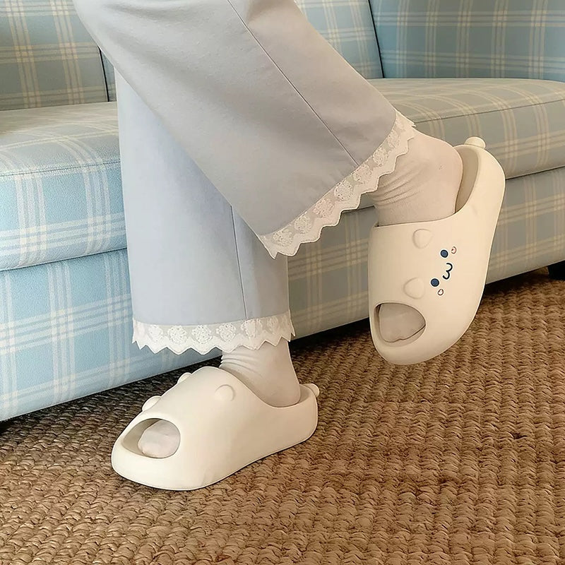 Cute milky white bear EVA slide sandals with 3D ears and printed cute face, lightweight indoor slip-on shoes