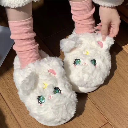 Cute white fluffy cat plush slippers with green eyes and pink nose, fuzzy indoor shoes with EVA sole