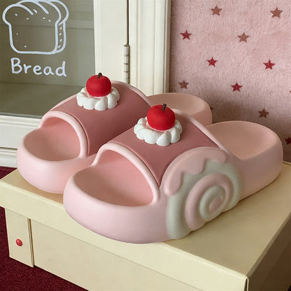 Cute pink cherry cake EVA slide sandals with cream swirl and cherry topper, lightweight indoor shoes