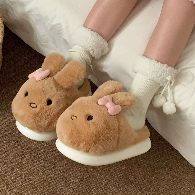 Cute brown bunny plush slide slippers with pink bow and floppy ears, fuzzy indoor shoes with EVA sole