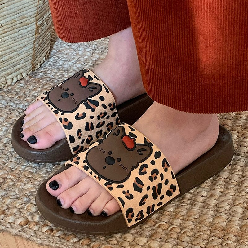 Cute brown leopard print dog slippers with brown dog face and red tongue, PVC upper and EVA sole, slip-on indoor shoes
