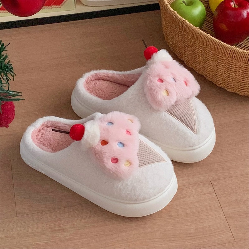 Cute pink cherry ice cream plush slippers with fluffy scoop, colorful sprinkles, and cherry topper, fuzzy indoor shoes with EVA sole