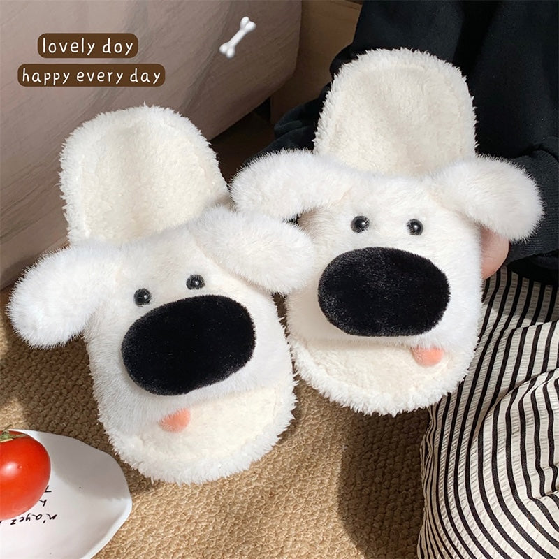 Cute white big nose dog plush slippers with black nose, open mouth, and pink tongue, warm indoor shoes with PVC sole