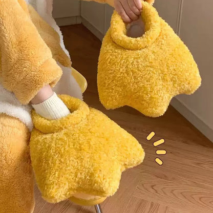 Cute yellow duck webbed foot plush slippers with high ankle cuff and fleece texture, indoor shoes