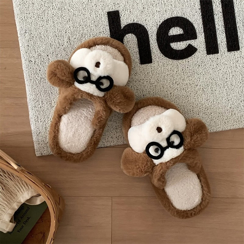 Cute brown monkey plush slide slippers with glasses and white muzzle, indoor shoes with EVA sole