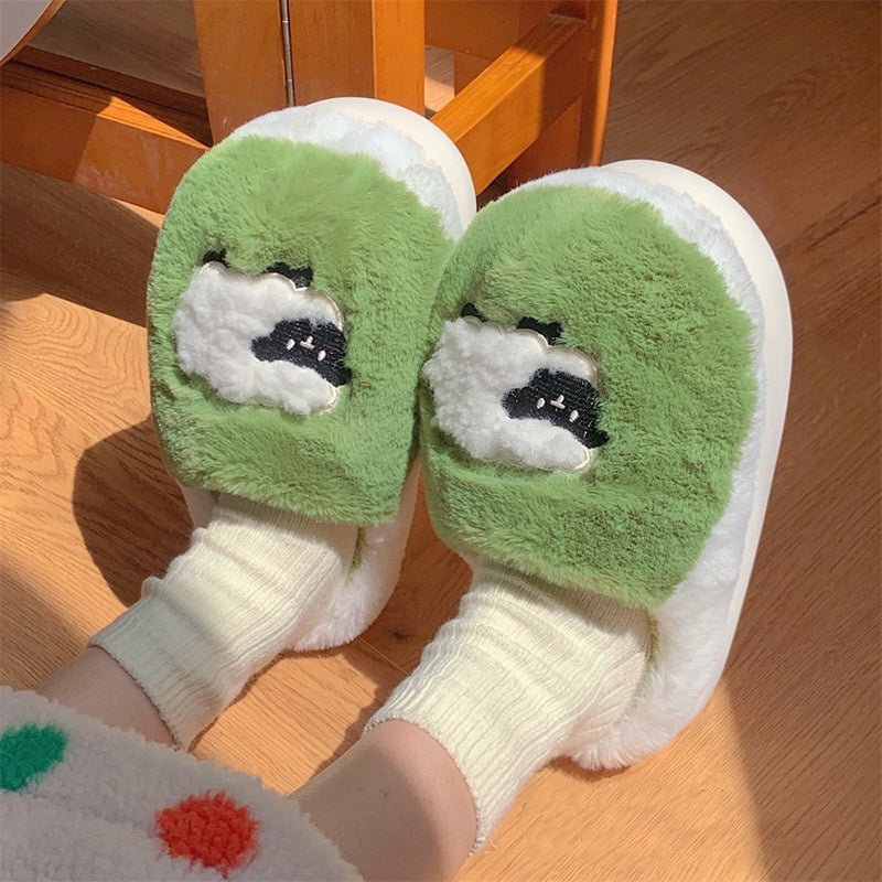 Cute light green sheep plush slippers with white fluffy trim and appliqué sheep design, indoor shoes with EVA sole