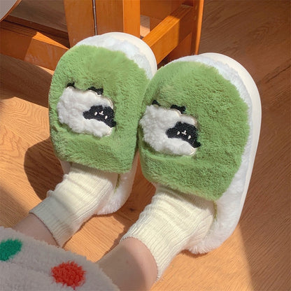 Cute light green sheep plush slippers with white fluffy trim and appliqué sheep design, indoor shoes with EVA sole