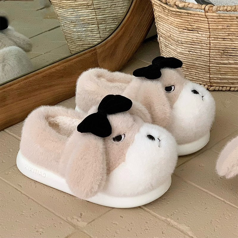 Cute khaki dog plush slippers with floppy ears, closed eyes, and removable black bow, closed-back fuzzy indoor shoes with EVA sole