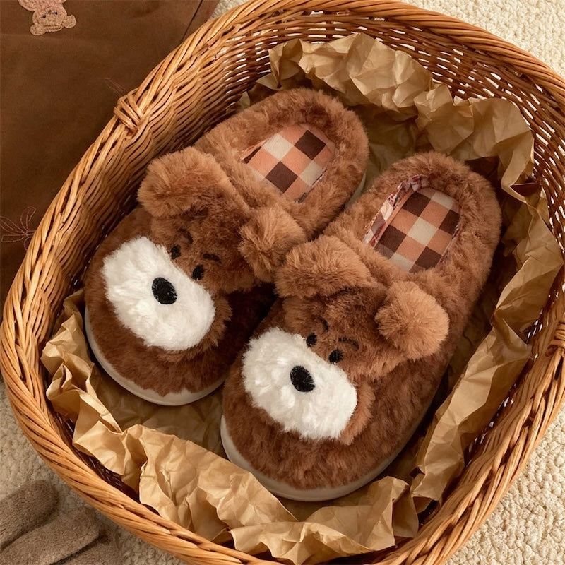 Cute light brown dog plush slippers with white round muzzle and short ears, indoor shoes with EVA sole