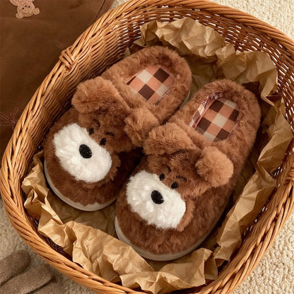 Cute light brown dog plush slippers with white round muzzle and short ears, indoor shoes with EVA sole