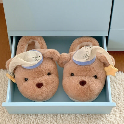 Cute khaki bear plush slippers with blue and white fabric hat and tiny smile, indoor shoes with EVA sole