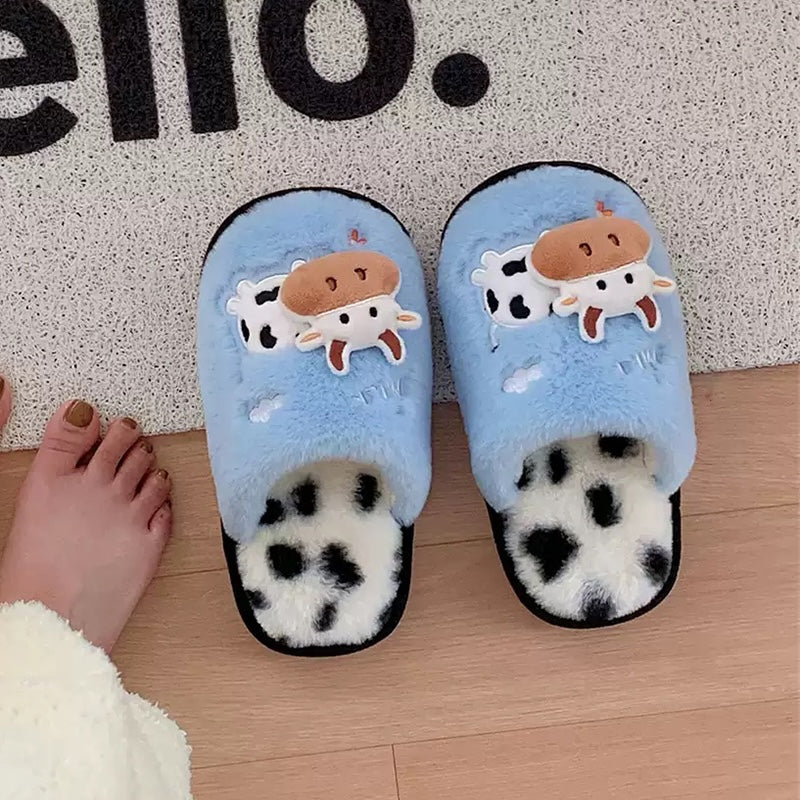 Cute sky blue cow print plush slippers with cow spot footbed and cartoon patch, indoor shoes with PVC sole