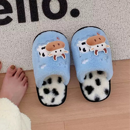 Cute sky blue cow print plush slippers with cow spot footbed and cartoon patch, indoor shoes with PVC sole