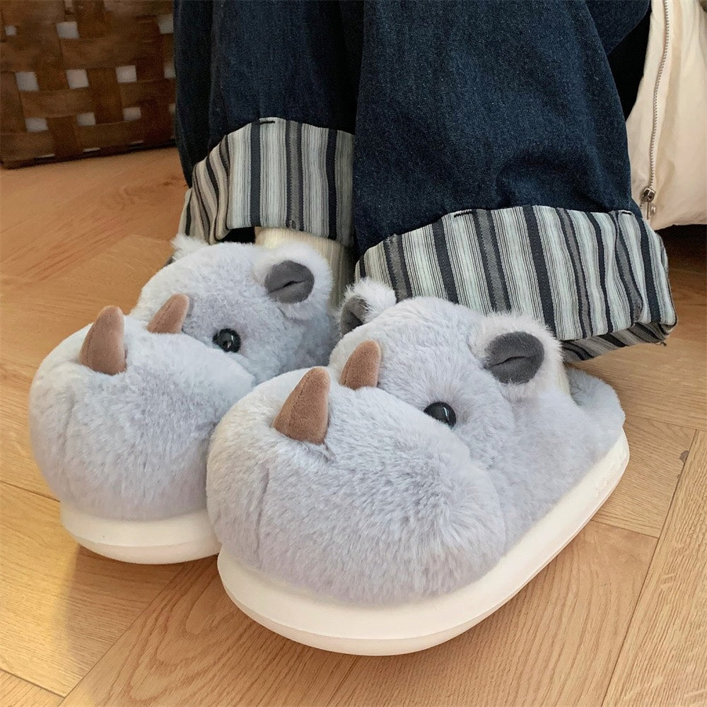 Cute grey rhino plush slippers with brown horns and black fluffy lining, fuzzy indoor shoes with EVA sole