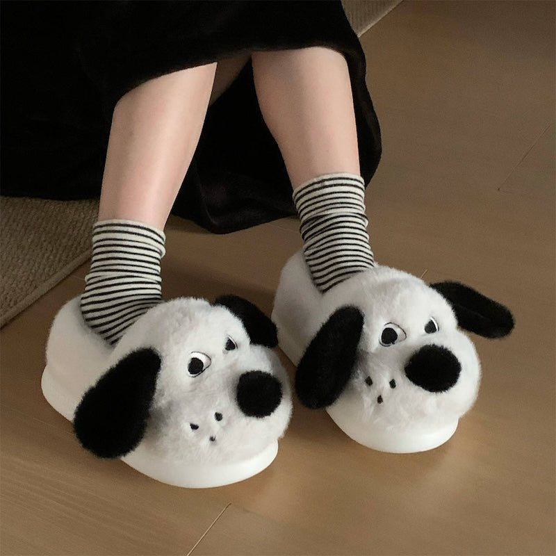 Cute white dog plush slippers with black floppy ears and black nose, closed-back fuzzy indoor shoes with EVA sole