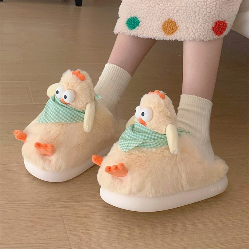 Cute yellow chicken plush slippers with green plaid scarf, big eyes, and orange details, fuzzy faux fur indoor shoes with EVA sole