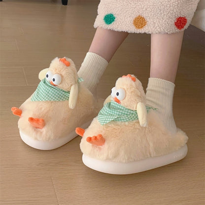 Cute yellow chicken plush slippers with green plaid scarf, big eyes, and orange details, fuzzy faux fur indoor shoes with EVA sole