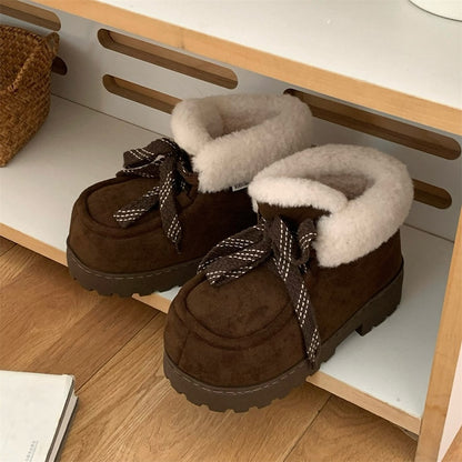 Cute dark brown faux suede bootie slippers with fuzzy trim and chunky rubber sole, lace-up warm indoor shoes